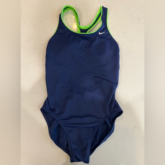 Nike Women’s One-Piece Swimsuit Navy and Lime Green - Size 6 - Picture 1 of 4